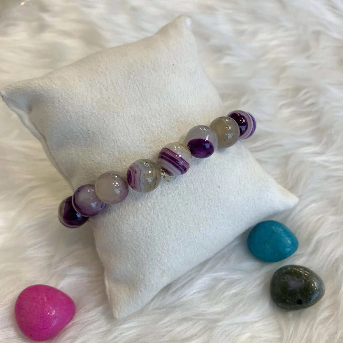 Unisex Purple Agate Beaded Bracelet - Adjustable Natural Gemstone Wristband in Purple
