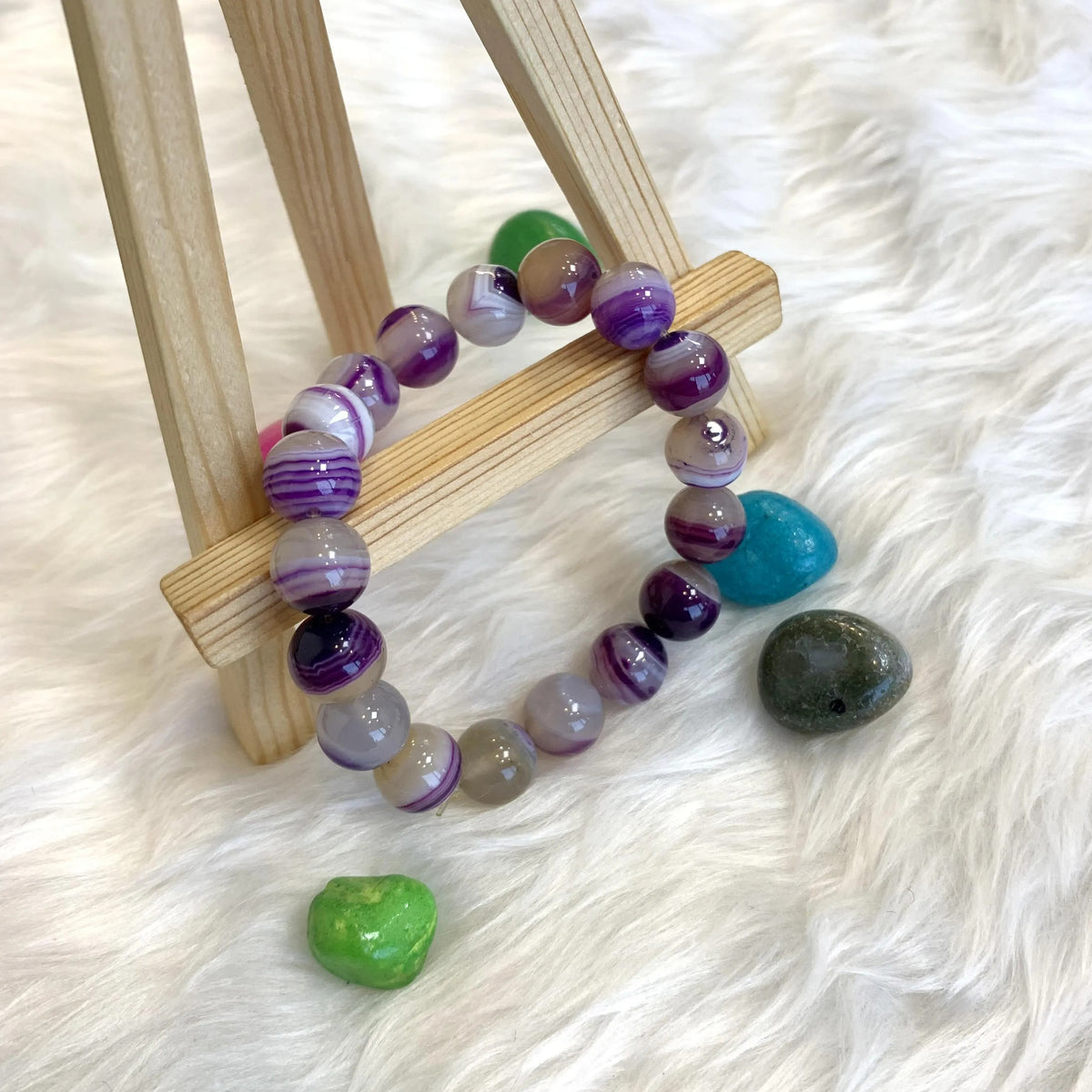 Unisex Purple Agate Beaded Bracelet - Adjustable Natural Gemstone Wristband in Purple
