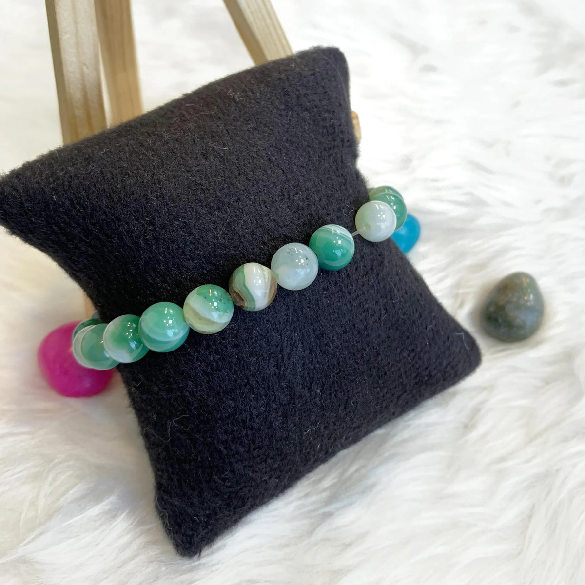 nisex Green Agate Beaded Bracelet - Adjustable Natural Gemstone Wristband