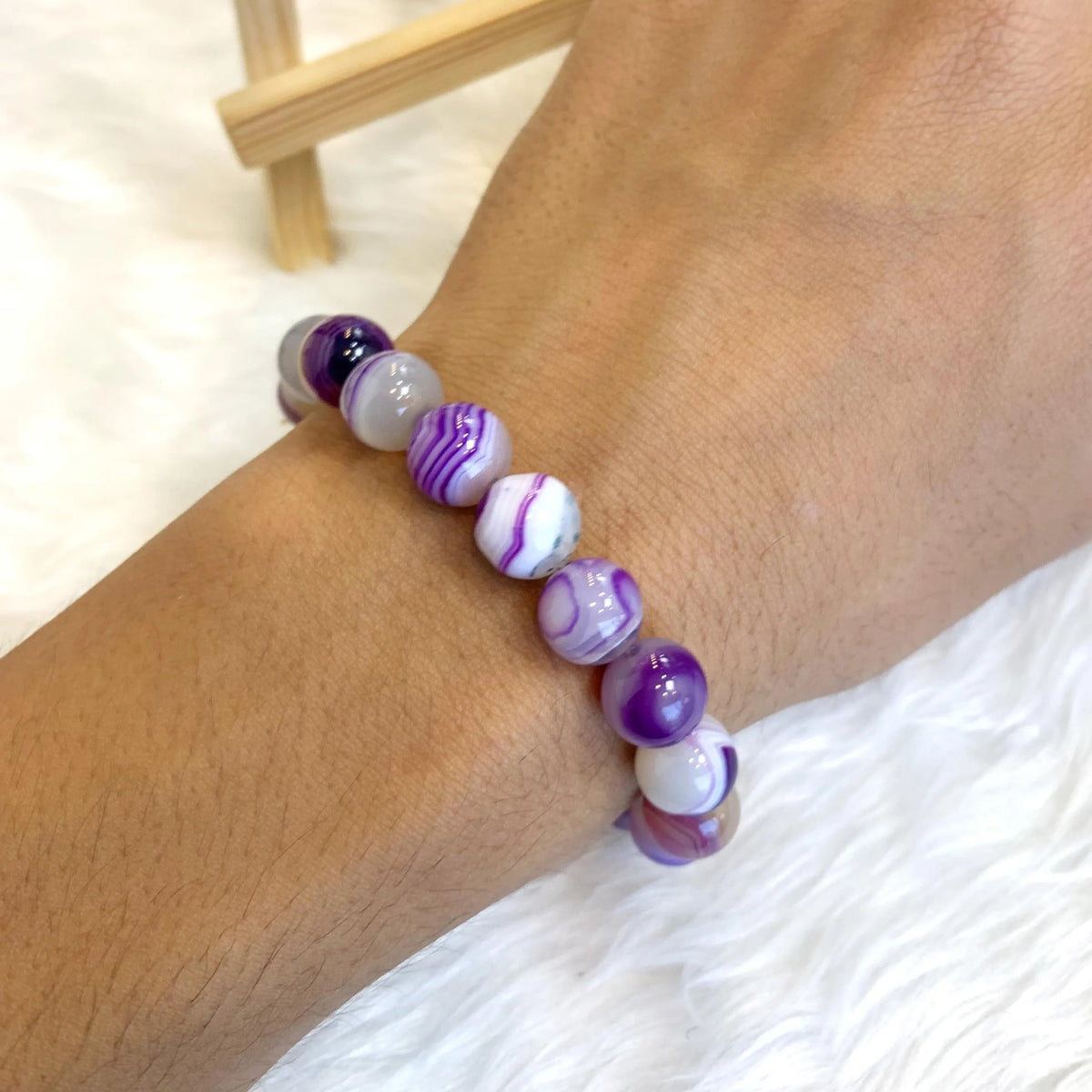 Unisex Purple Agate Beaded Bracelet - Adjustable Natural Gemstone Wristband in Purple