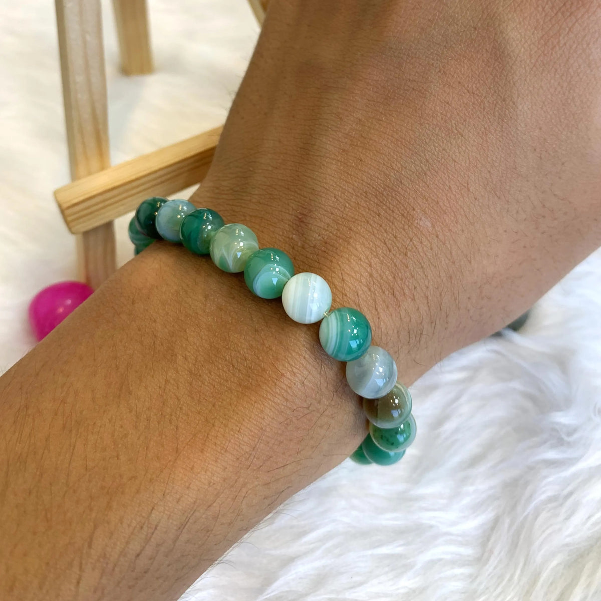 nisex Green Agate Beaded Bracelet - Adjustable Natural Gemstone Wristband